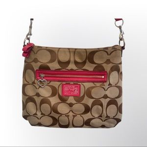 Pink and Tan Coach Signature Canvas Heart Shaped Zipper Crossbody Purse